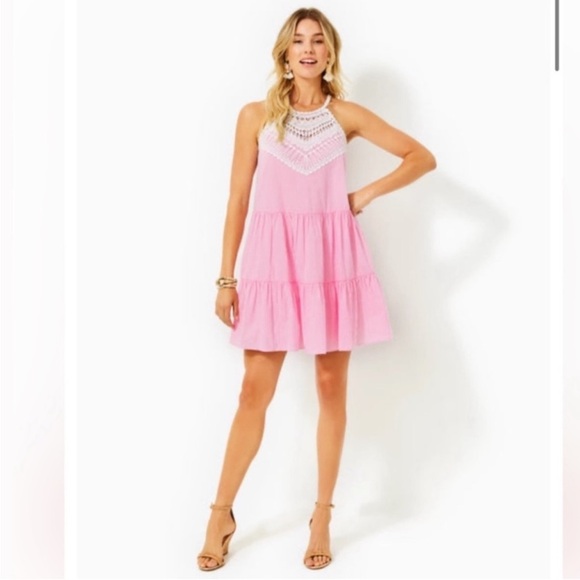 Lilly Pulitzer Dresses & Skirts - 🔥Lilly Pulitzer Britt Seersucker Striped Halter Lace Dress Havana Pink
